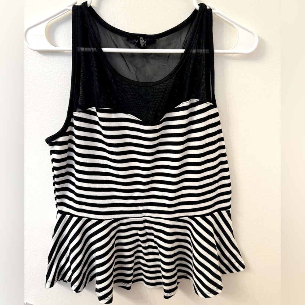 Forever 21 Peplum Striped Top With Black Mesh